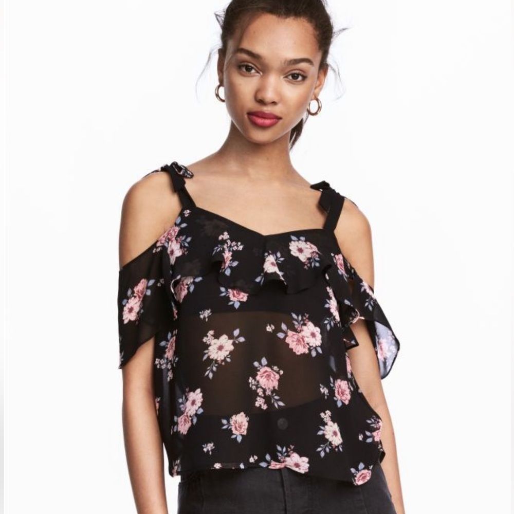 H&M Divided Black Floral Chiffon Top Size 12